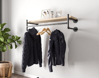 Heavy Duty Malleable Iron Clothes Rack, Industrial Wall Mounted Garment Rail, Rustic Black Finish
