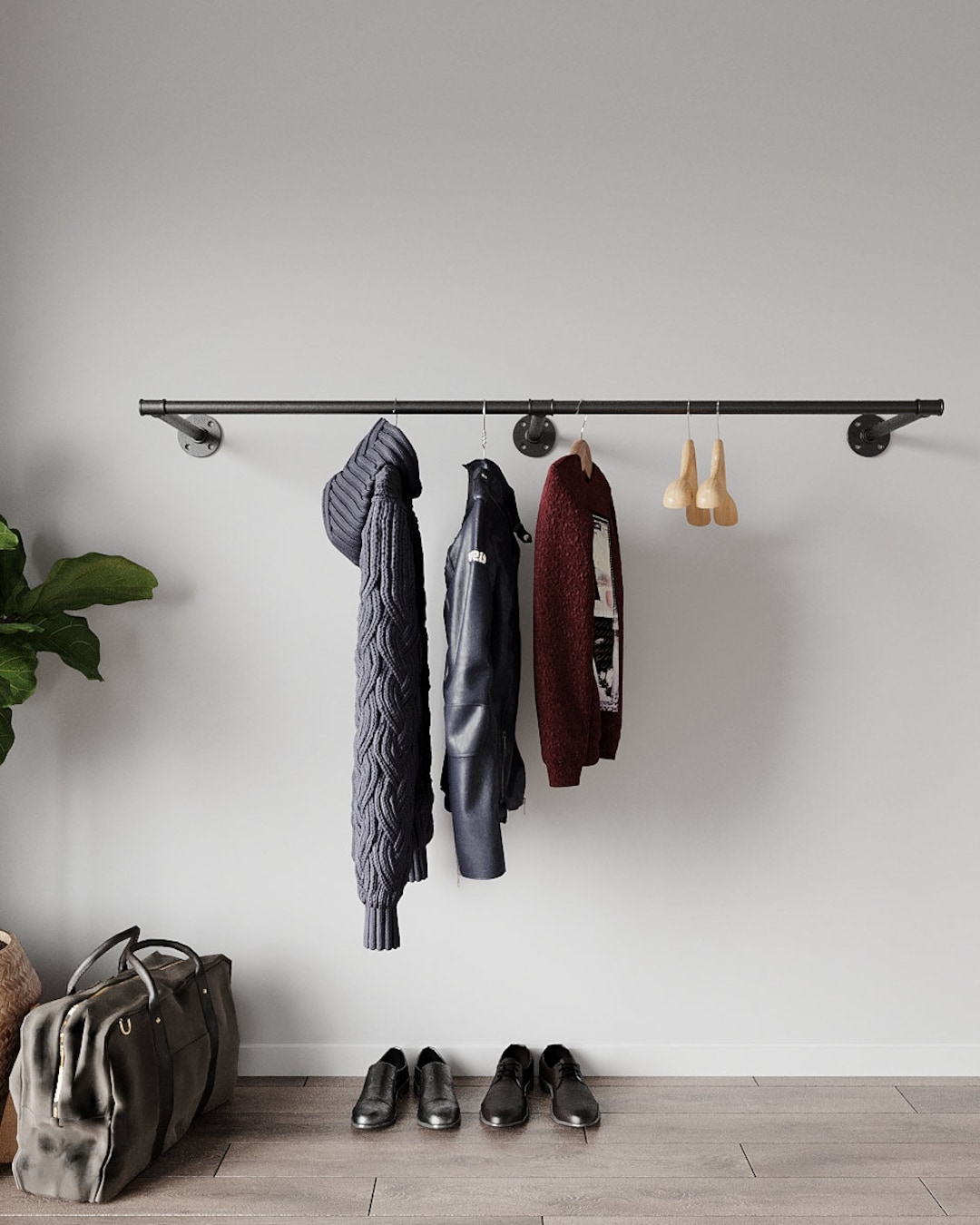 Wall Mounted Industrial Pipes Clothes Hanging Pole Rustic Iron