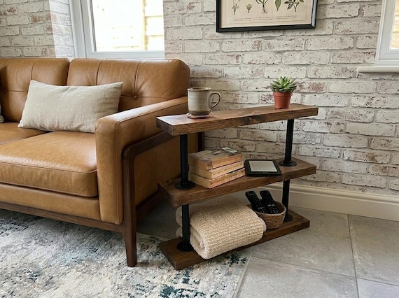 Industrial Pipe & Wood Side Table | Rustic Sofa End Table | Reclaimed Style 3 Tier Shelf | Handmade Living Room Storage | Solid Wood