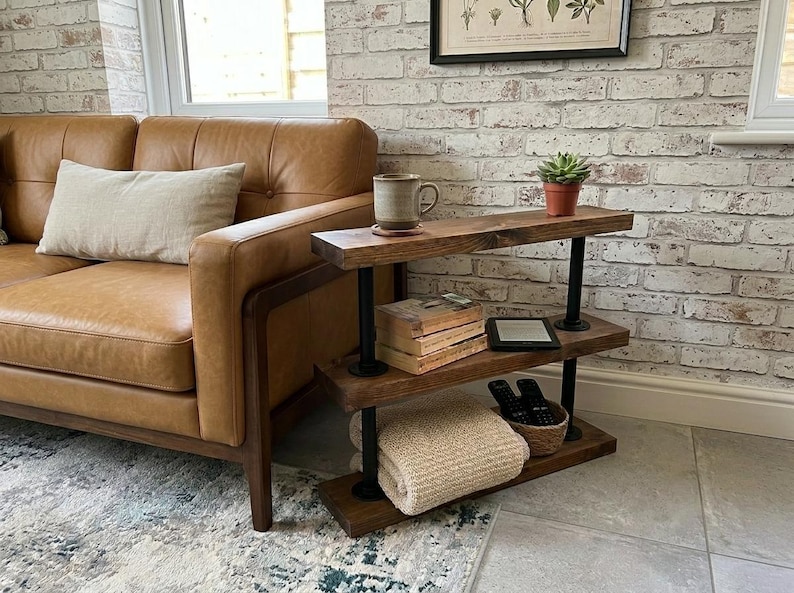 Industrial Pipe & Wood Side Table | Rustic Sofa End Table | Reclaimed Style 3 Tier Shelf | Handmade Living Room Storage | Solid Wood image 1