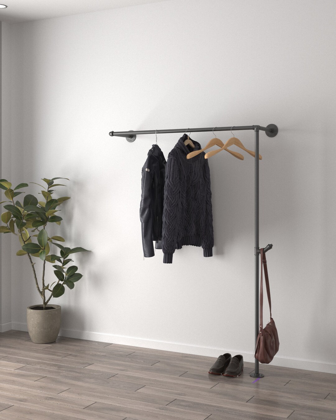 Industrial Pipe Garment Rack with Wooden Shelf 1035mm