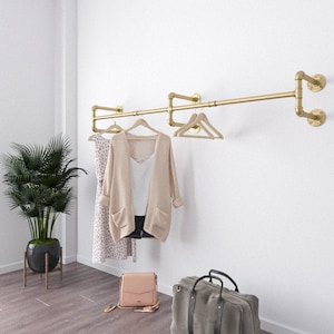 Gold Industrial Clothes Rack, Heavy Duty Wall Mounted Garment Rail, Malleable Iron Hanging Rail