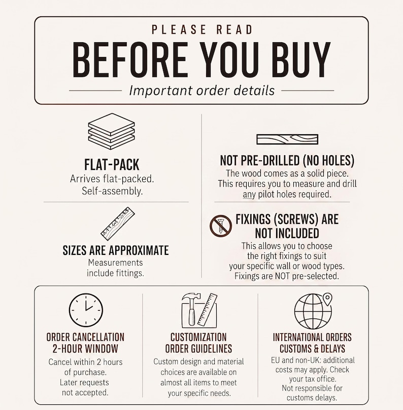 a list of instructions and information about a product, likely a flat-pack or custom-designed item. It includes details about the product's assembly, size, and order specifications, as well as instructions for ordering and delivery.