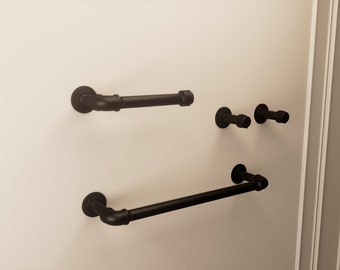 Pipe 4-Piece Bathroom Set with Pipe Towel Rack, Farmhouse Decor Hooks, Charming Home Spa Gift