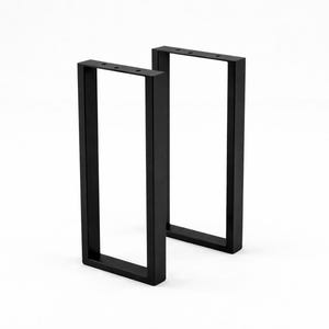 Puede incluir: Dos patas de mesa rectangulares de metal negro. Cada pata tiene un diseño hueco en forma de caja con agujeros preperforados en la parte superior para una fácil fijación. Las patas están diseñadas para una estética moderna.