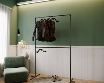 Perchero Doble de Pie – Riel de Ropa Industrial Plegable para Almacenamiento