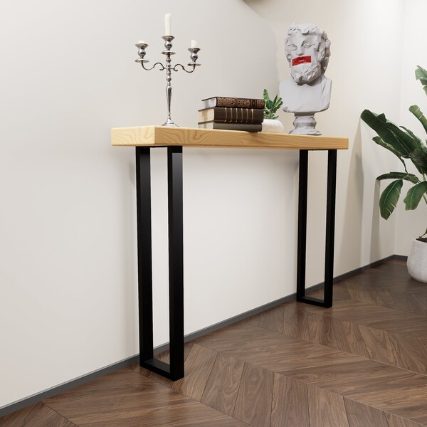 Table console étroite industrielle - Table d'entrée en bois massif rustique | Meuble de couloir mince avec pieds en métal, design minimaliste moderne