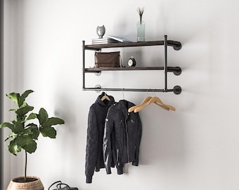 Industrial Wall mounted clothes rail with shelf, Industrial Shelving, Pipe rack  handmade UK
