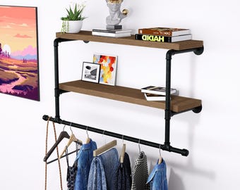 Industrial Pipe Clothing Rack with Shelves Wall Mounted Garment Rack, Rustic Closet Organizer, Hanging Clothes Storage Shelf Home Decor