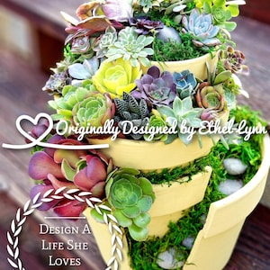 May include: A tiered succulent planter with a yellow painted finish. The planter is filled with a variety of succulents in shades of green, purple, and yellow. The planter is decorated with moss and small white stones. The text "Originally Designed by Ethel-Lynn" is visible on the planter. The text "Design a Life She Loves" is visible in a wreath around the planter.