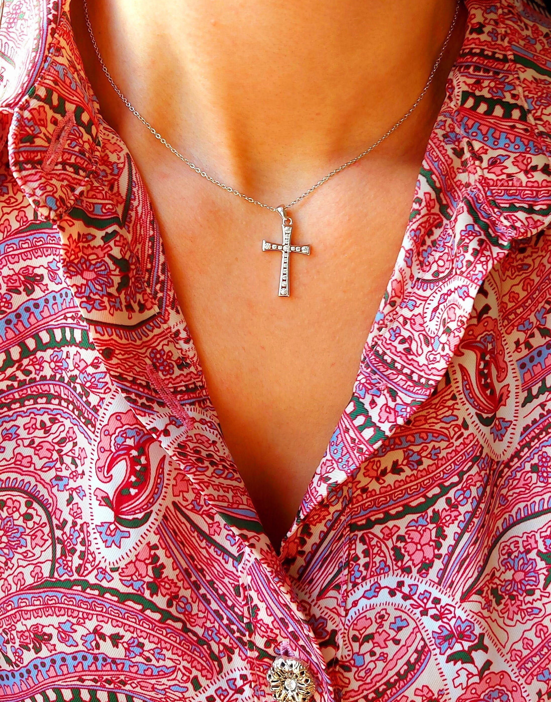 925 Sterling Silver Cross Necklace Protection Necklace Cross Charm With Cubic Zirconia Stones