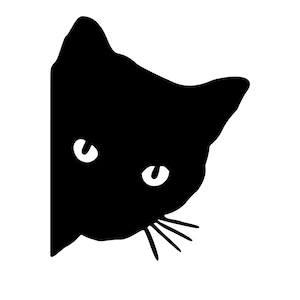 May include: A black cat silhouette with white eyes peeking out from behind a white background.