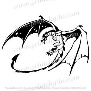 May include: Black and white silhouette of a dragon with wings spread wide. The dragon is in a curled position with its head turned to the side.