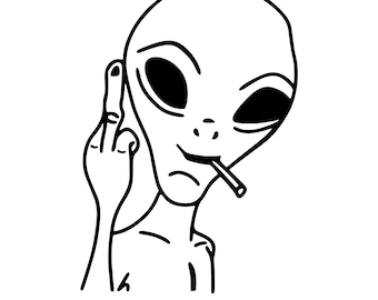 May include: A black and white line drawing of an alien with a cigarette in its mouth giving the middle finger.