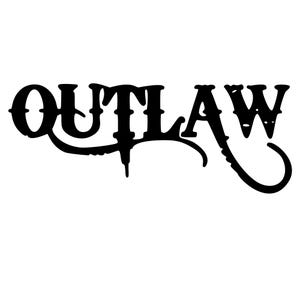 May include: Black and white graphic design of the word "OUTLAW" in a stylized font.