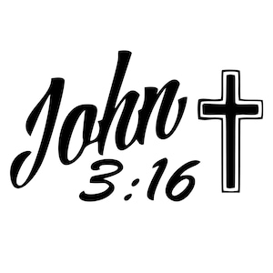 May include: Black and white graphic design with the text "John 3:16" and a stylized cross.