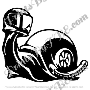 May include: Black and white illustration of a snail with a racing helmet and a tire for a shell.