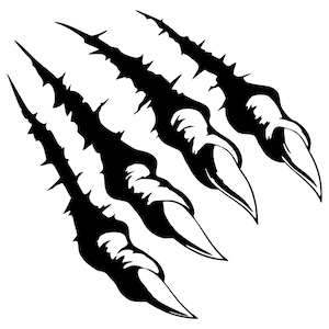 May include: Black and white illustration of a set of sharp claws, resembling a monster or animal paw.