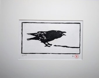 Crow on Snow - Handmade limited edition print