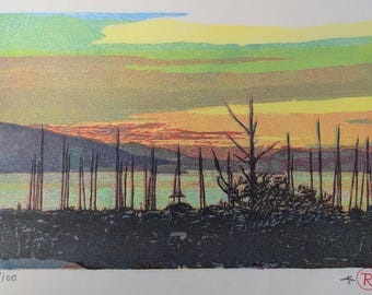 Marina Twilight- Original hand printed wood block print - Limited Edition
