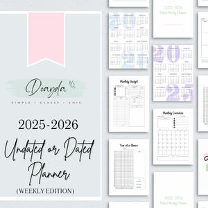 May include: A collection of planner pages with a light gray background. The main page features the text "Doayda" and "2025-2026 Undated or Dated Planner (Weekly Edition)". Other pages include calendars, budget sheets, and a "dream plan do" graphic.