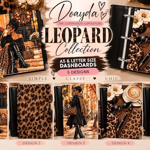May include: A collection of five A5 and letter size planner dashboards featuring leopard print patterns and imagery. The set includes designs with a person in boots, a full leopard print, a person in a coat, coffee and glasses, and leopard bows.