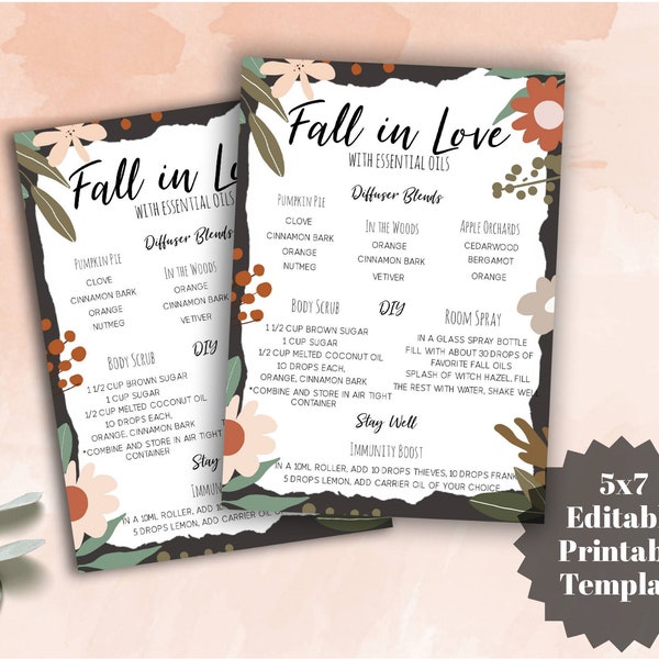 Fall In Love with Essential Oils Card, Fall Essential Oil Recipes, Essential Oil Printable, 5x7, Editable Postcard, New Member Resources