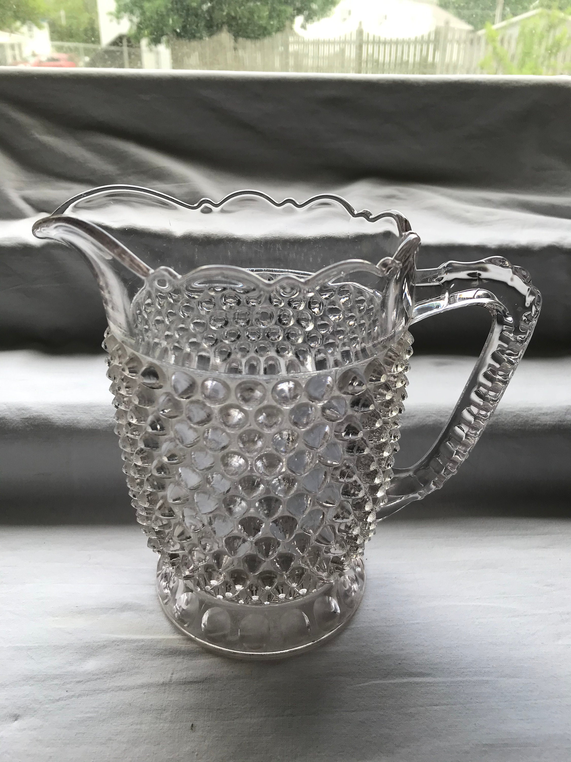 Miniature Glass Bowl and Pitcher Set Clear Etched Pressed Glass
