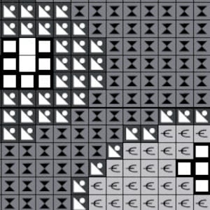 Pu&ograve; includere: Schema di punto croce in bianco e nero con un disegno in bianco e nero di un fiore con stelo e foglie. Lo schema &egrave; circondato da un bordo di quadrati bianchi e neri.