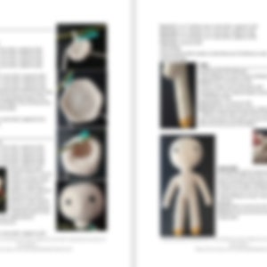 May include: A crochet doll pattern with instructions and images showing how to make the doll. The pattern includes instructions for making the head, body, and arms of the doll.