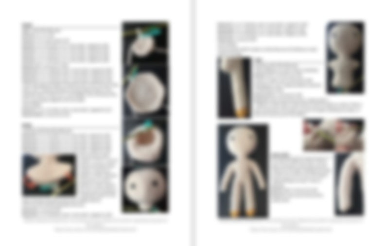 May include: A crochet doll pattern with instructions and images showing how to make the doll. The pattern includes instructions for making the head, body, and arms of the doll.