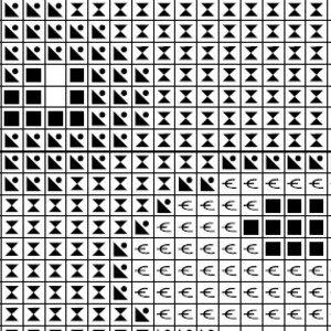 Pu&ograve; includere: Schema di punto croce in bianco e nero con un design geometrico. Lo schema presenta una variet&agrave; di forme, tra cui quadrati, triangoli e rombi. Lo schema &egrave; incorniciato da un bordo nero.