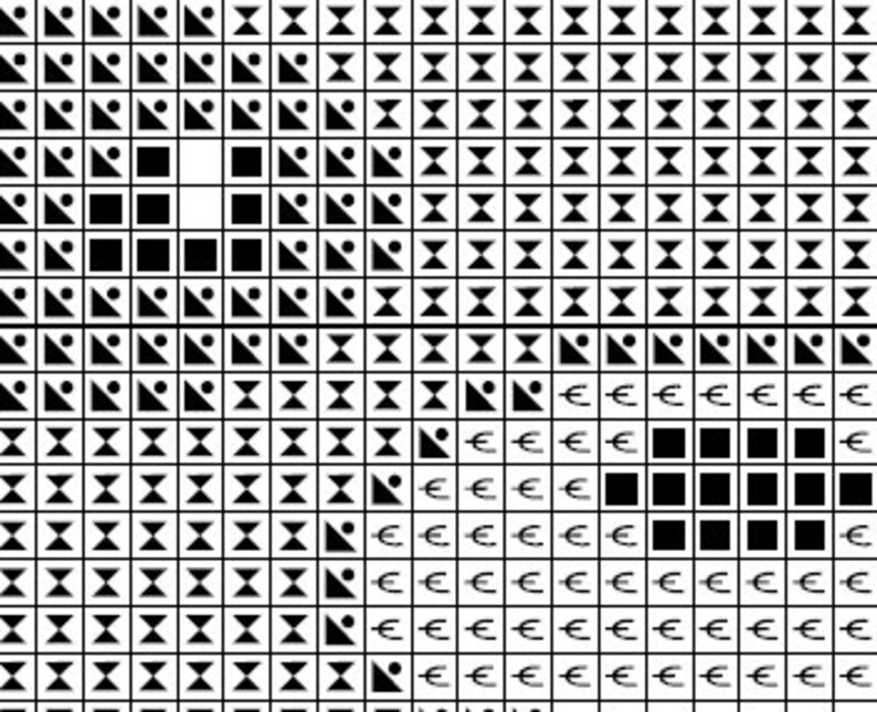 Pu&ograve; includere: Schema di punto croce in bianco e nero con un design geometrico. Lo schema presenta una variet&agrave; di forme, tra cui quadrati, triangoli e rombi. Lo schema &egrave; incorniciato da un bordo nero.