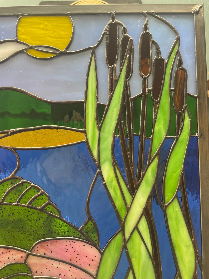 Trout With Cattails, Handmade Stained Glass. 24” Sq - Etsy