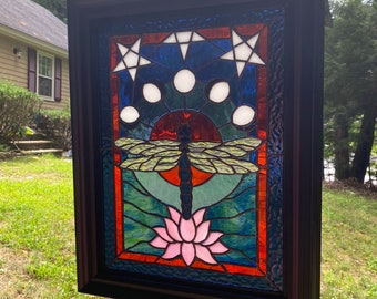 Dragonfly, lotus, stained glass