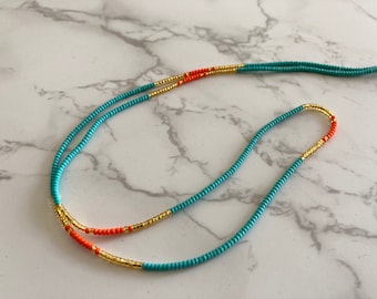 Jewel Waist Beads, Dainty, Waist Beads, Turquoise, Orange Waist Beads - Gold Waist Beads - Tie on