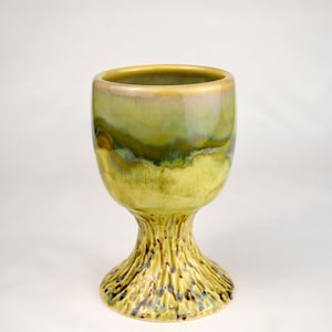 Handmade Ceramic Goblet – Carved Stem with Golden Landscape Glaze