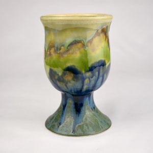 Handmade Ceramic Goblet – Mountain-Inspired Glaze in Blue, Green, and Cream