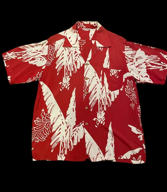 1950s red Hawaiian rayon shirt