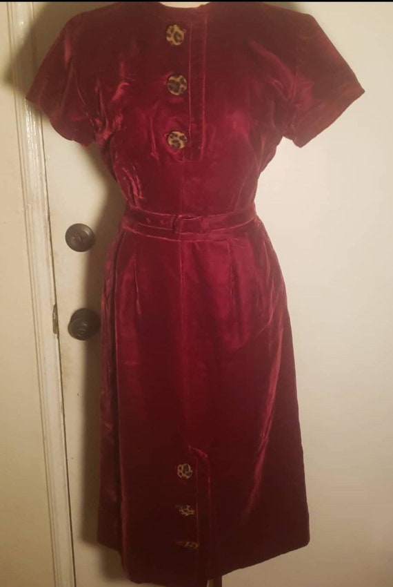 1940s /50s Red Velvet Dress With Animal Print but… - image 1