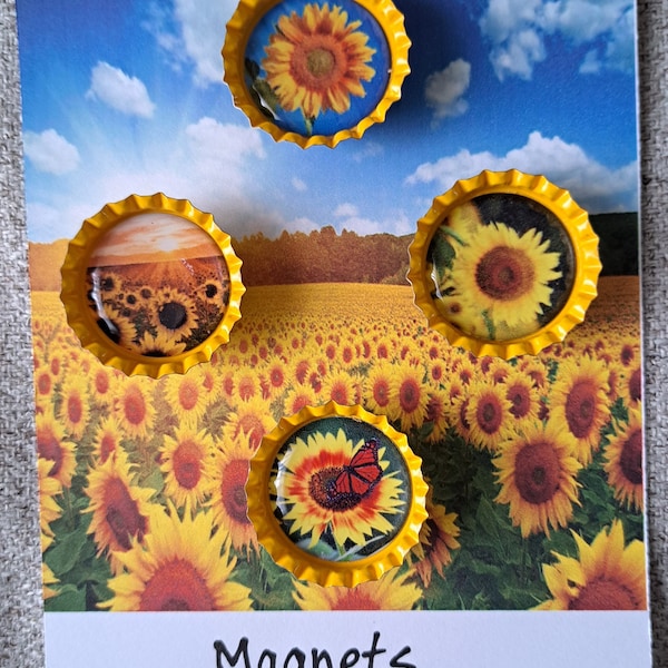 Bottle Cap Magnets, Magnets, Sunflower, Sunflowers, Sunflower Magnets, Sunflower Refrigerator Magnets