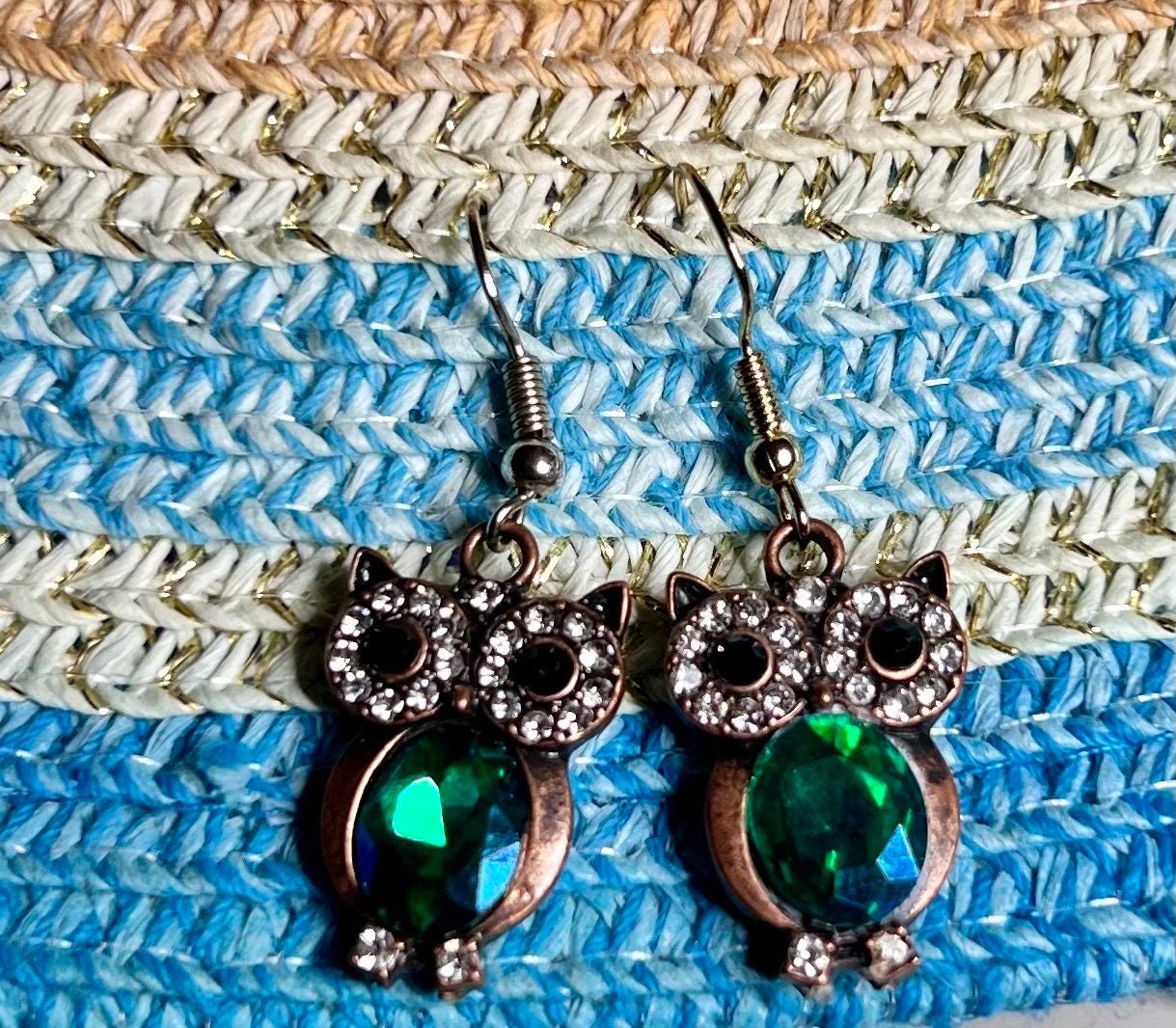 SAPPHIRE OWL EARRINGS |Sapphire Belly| White rhinestone s|black eyes|
