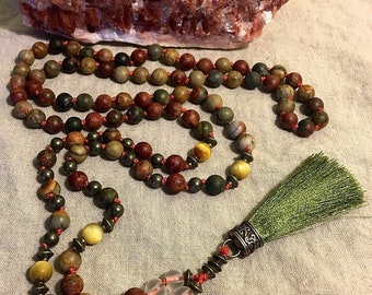 Earth Colors 108 Bead Hand Knotted Zen Mala Necklace Natural Matte Picasso Jasper Pyrite Quartz and Blonde Tiger Eye