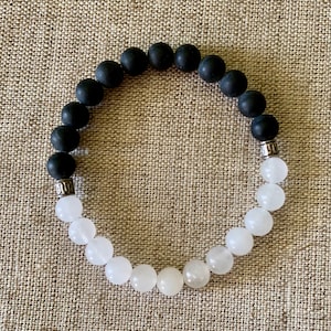 Black and White Beaded Bracelet Milky Quartz and Matte Shungite