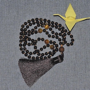 Hand Knotted Zen Mala Black and Blonde Tiger Eye