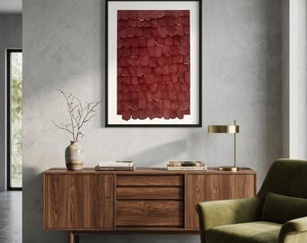 オリジナルの赤い彫刻紙アート、額装されたテラコッタのレイヤードコラージュ、質感のあるオーガニックな壁飾り、深紅と金色の混合メディア | 53x73cm