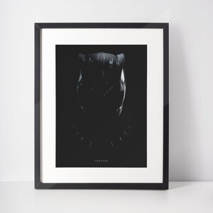 May include: Black and white minimalist poster featuring a silhouette of Black Panther's mask with the word "FOREVER" printed below.