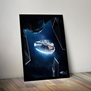 May include: A dark blue and black space scene with a white spaceship in the center. The spaceship is surrounded by three dark blue and black TIE fighters.