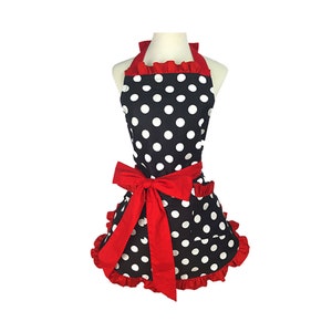 Kitchen Apron Vintage Polka Dot Black and White with Red CHLOE |  Retro Cooking Aprons | Cosplay | Gift for Ladies | Personalized