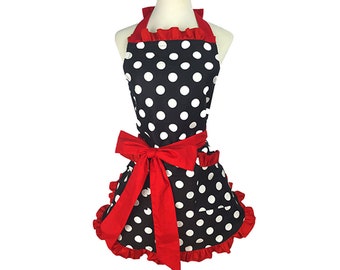 Kitchen Apron Vintage Polka Dot Black and White with Red CHLOE |  Retro Cooking Aprons | Cosplay | Gift for Ladies | Personalized